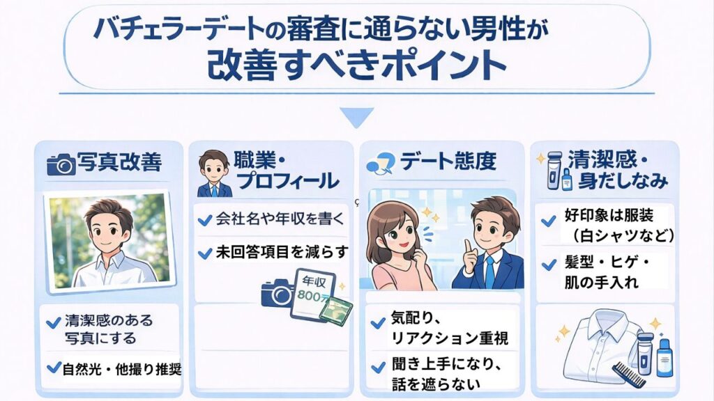 バチェラーデートの審査に通らない男性が改善すべきポイント