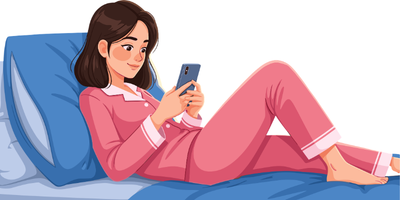 夜にメールする女性